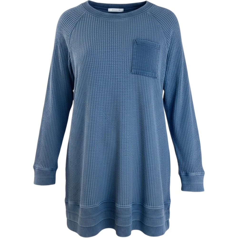 Soft Surroundings Reza Waffle Knit Top Womens L Thermal Pocket Long Blue Sweater